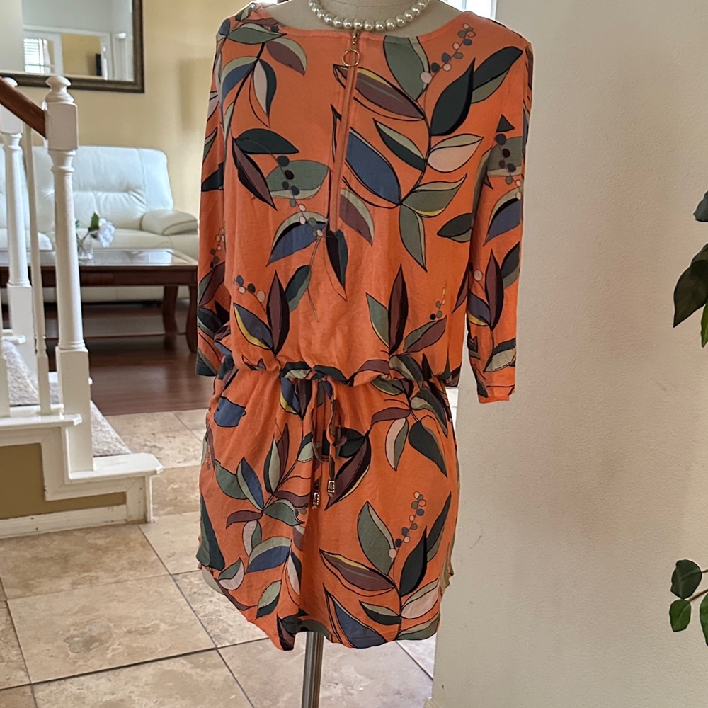 VENUS Orange Leaf Print Mini Dress